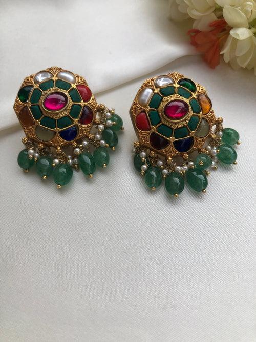 Turquoise earrings with navratan and green beads