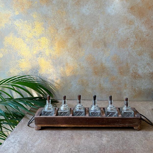 Wooden Tray with Antique Glass Bottles