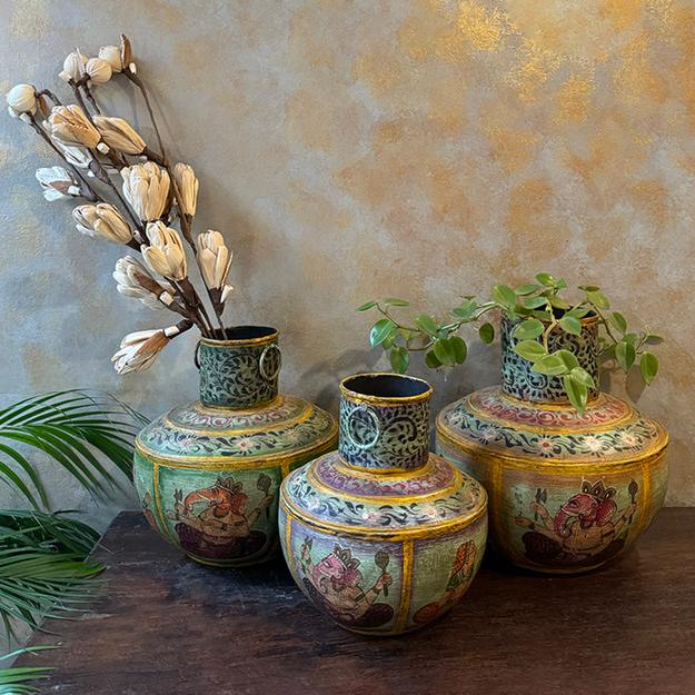 Antique Hand Painted Iron Vase (Set of 3)