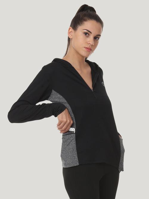 Hooded full sleeve top  with zipper pocket for women's training & sports