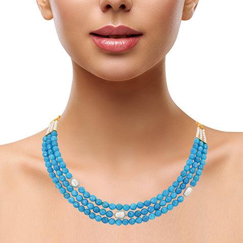 Layered Shaded Blue Agate and Freshwater Pearl Necklace