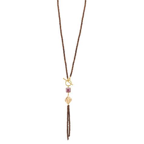 Brown Agate Long Length & Loop Pendant with Pearl Necklace