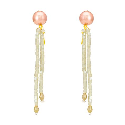 Long Crystal Shimmer Earrings in Olive Green and Pink Pearl