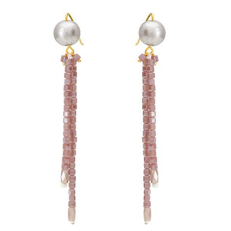 Long Crystal Shimmer Earrings in Purple Pink and Silver Grey Pearl