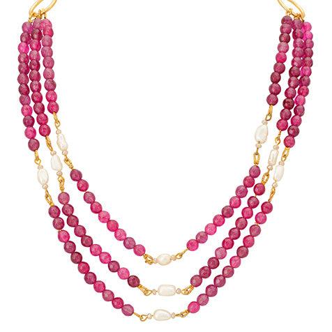 Three Layered Ruby Pink Gemstone and Freshwater Pearl Necklace