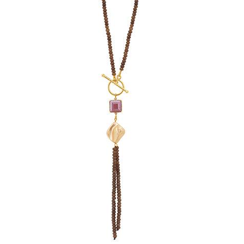 Brown Agate Long Length & Loop Pendant with Pearl Necklace