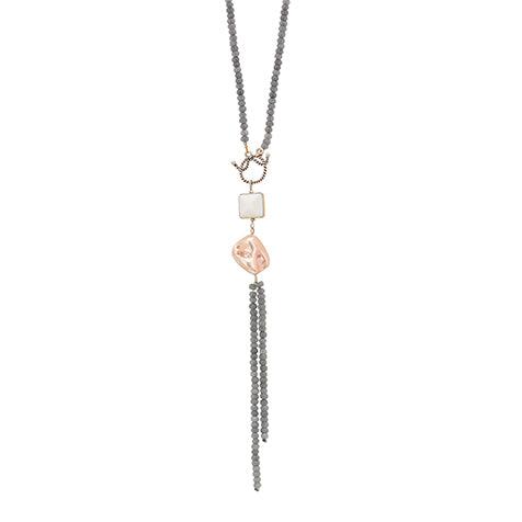 Grey Agate Long Length & Loop Pendant with Pearl Necklace