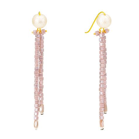 Long Crystal Shimmer Earrings in Lavender and White Pearl