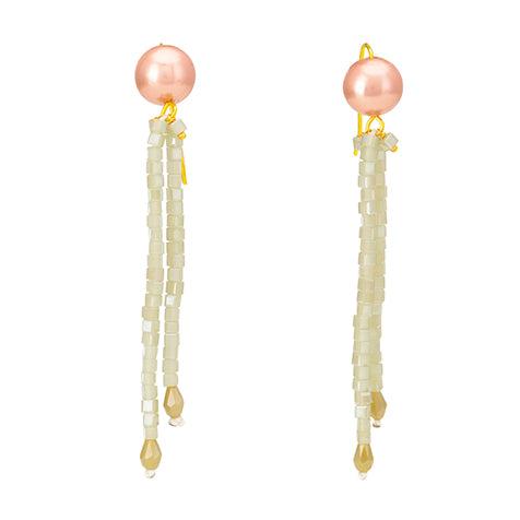 Long Crystal Shimmer Earrings in Olive Green and Pink Pearl