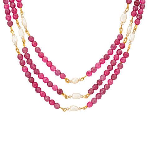 Three Layered Ruby Pink Gemstone and Freshwater Pearl Necklace