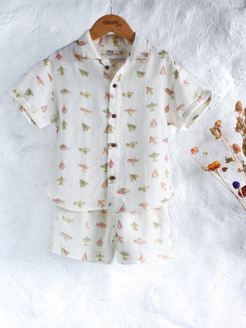 KIDS AEROPLANE MUSLIN SHIRT & SHORT SET