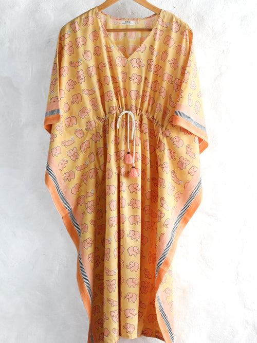 Kaftan- Elephants in Orange Yellow