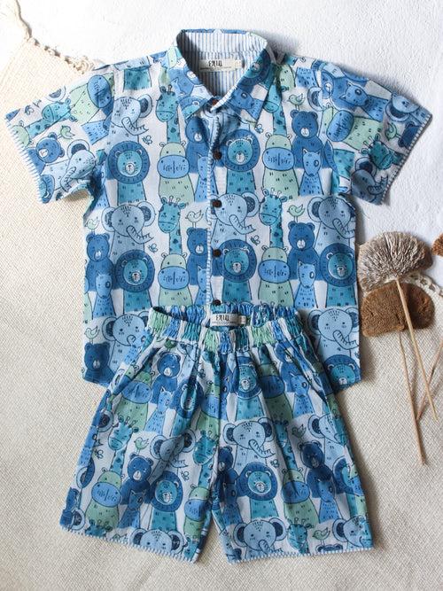 KIDS ANIMAL SAFARI COTTON SHIRT & SHORT SET