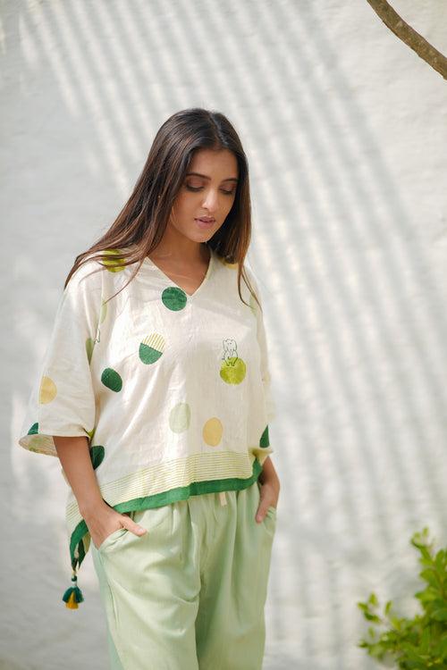 Kaftan Top- Green Polkadots