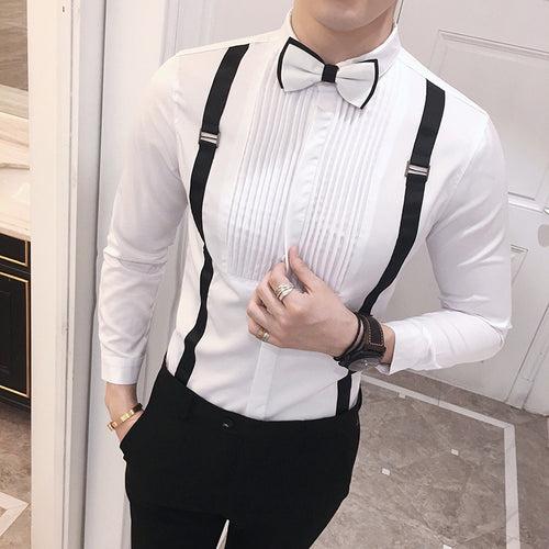 Pull straps, trendy men's long-sleeved shirts, formal shirts, groomsmen shirts, bar nightclub work clothes wholesale