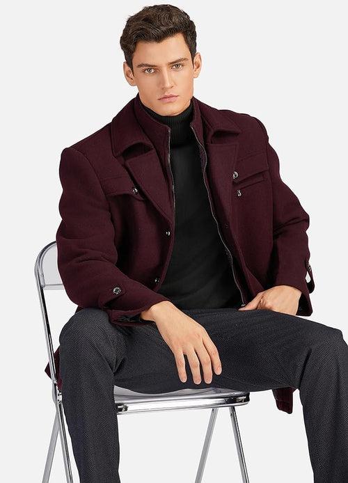Men's Wool Blend Pea Coat Single Breasted Slim Fit Winter Jacket With Removalbe  Scarf