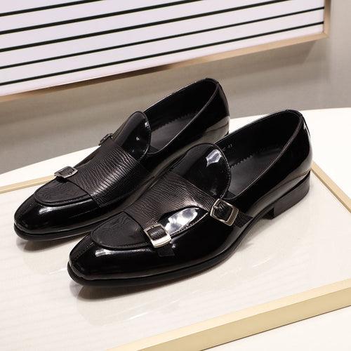 High-End Leather Shoes Men Patent Leather Double Buckle Loafers Green Black Banquet Wedding Leather Shoes Men Men Shoe