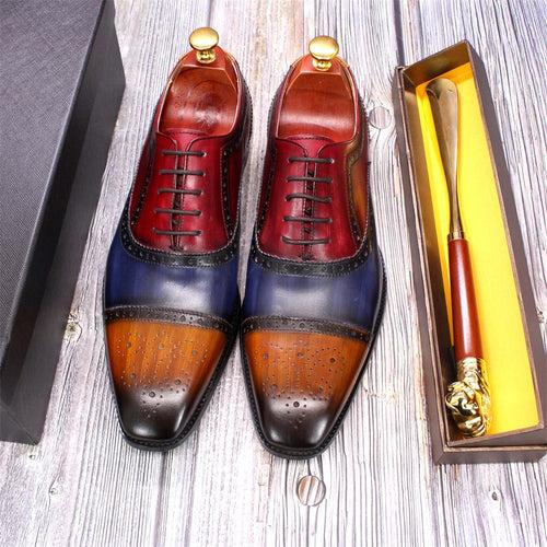 Handmade GOOD YEAR Men's Leather Shoes Genuine Leather British Brogue Oxford Shoes Color Matching Gentleman Foreign Trade Shoes