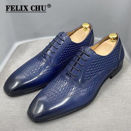 Men's Leather Shoes Leather Oxford Shoes Pointed-Toe Lace High-Grade Woven Leather Shoes Men's Black Blue Business Formal Wear Shoes