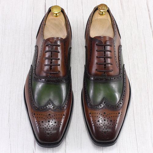 Men's Leather Shoes Business Formal Wear Oxford Shoes Brown Green First Layer Cowhide Brogue Square Toe Fashion Men's Shoes