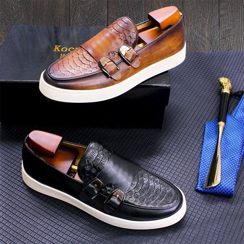 Men's Shoes Men's Double Buckle Casual Leather Shoes Authentic Leather Loafers Men's Comfortable Flat Shoes Everyday Joker Slip-on