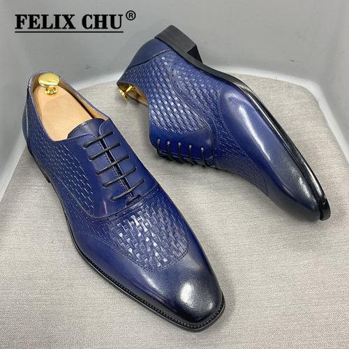 Men's Leather Shoes Leather Oxford Shoes Pointed-Toe Lace High-Grade Woven Leather Shoes Men's Black Blue Business Formal Wear Shoes