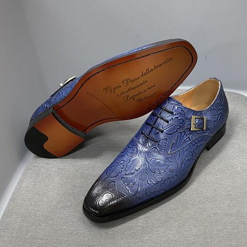 Men's Business Formal Wear Shoes Oxford Shoes Genuine Leather Blue Black Embossed Buckle Lace up Pointed Toe Party Wedding Shoes