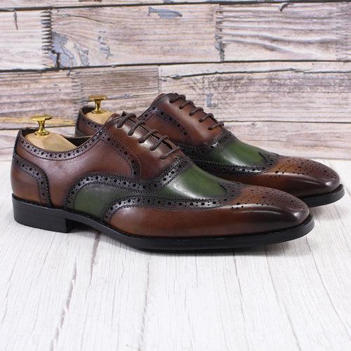 Men's Leather Shoes Business Formal Wear Oxford Shoes Brown Green First Layer Cowhide Brogue Square Toe Fashion Men's Shoes