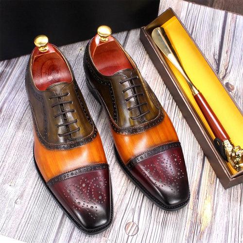 Handmade GOOD YEAR Men's Leather Shoes Genuine Leather British Brogue Oxford Shoes Color Matching Gentleman Foreign Trade Shoes