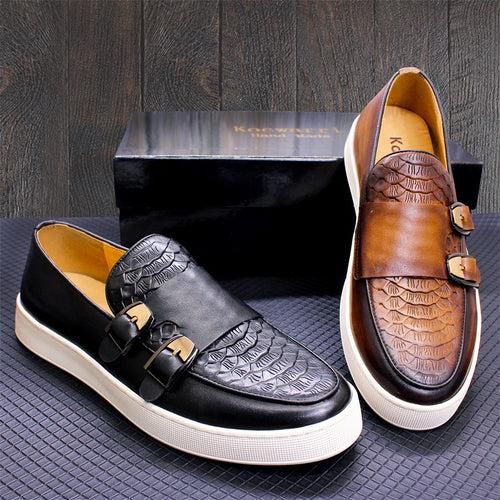 Men's Shoes Men's Double Buckle Casual Leather Shoes Authentic Leather Loafers Men's Comfortable Flat Shoes Everyday Joker Slip-on