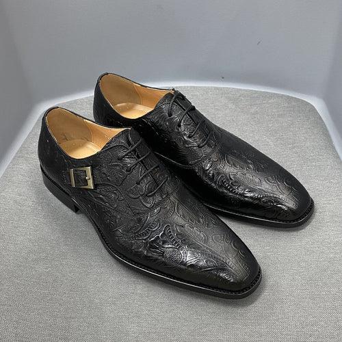 Men's Business Formal Wear Shoes Oxford Shoes Genuine Leather Blue Black Embossed Buckle Lace up Pointed Toe Party Wedding Shoes