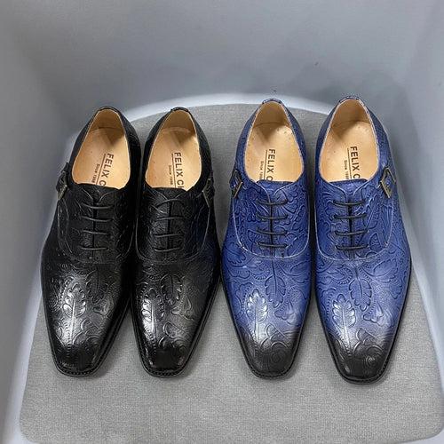 Men's Business Formal Wear Shoes Oxford Shoes Genuine Leather Blue Black Embossed Buckle Lace up Pointed Toe Party Wedding Shoes