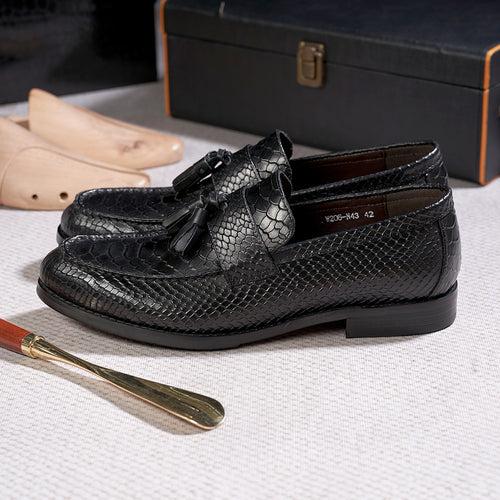 New Fashion Men's Business Casual Leather Shoes Cowhide Crocodile Embossed Tassel Loafers Cross-Border Delivery Men's Shoes