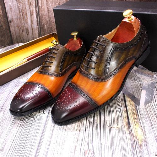 Handmade GOOD YEAR Men's Leather Shoes Genuine Leather British Brogue Oxford Shoes Color Matching Gentleman Foreign Trade Shoes