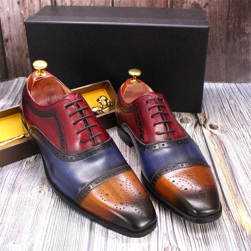 Handmade GOOD YEAR Men's Leather Shoes Genuine Leather British Brogue Oxford Shoes Color Matching Gentleman Foreign Trade Shoes