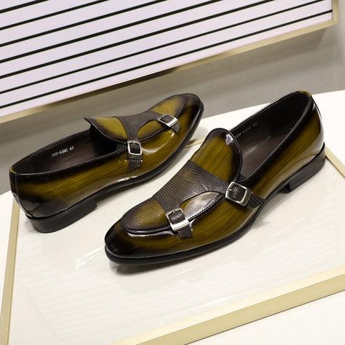 High-End Leather Shoes Men Patent Leather Double Buckle Loafers Green Black Banquet Wedding Leather Shoes Men Men Shoe