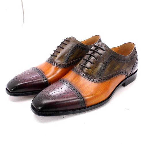 Handmade GOOD YEAR Men's Leather Shoes Genuine Leather British Brogue Oxford Shoes Color Matching Gentleman Foreign Trade Shoes