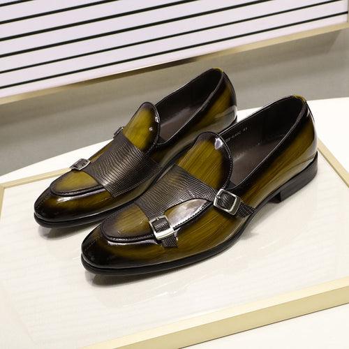 High-End Leather Shoes Men Patent Leather Double Buckle Loafers Green Black Banquet Wedding Leather Shoes Men Men Shoe