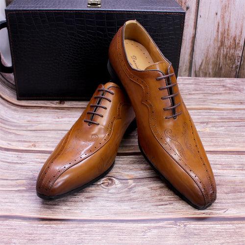 Men Shoe Leather Shoes Men Genuine Leather Pointed Toe Men's Business Casual Shoes Carved Brown Oxford Shoes Exclusive for Cross-Border