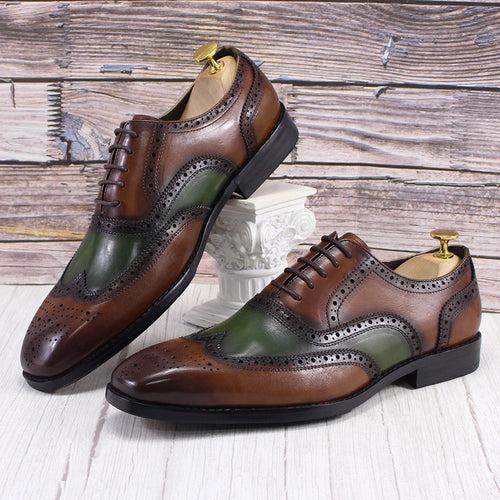 Men's Leather Shoes Business Formal Wear Oxford Shoes Brown Green First Layer Cowhide Brogue Square Toe Fashion Men's Shoes