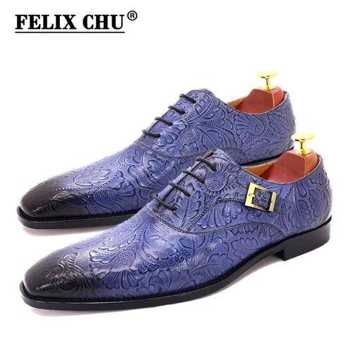 Men's Business Formal Wear Shoes Oxford Shoes Genuine Leather Blue Black Embossed Buckle Lace up Pointed Toe Party Wedding Shoes