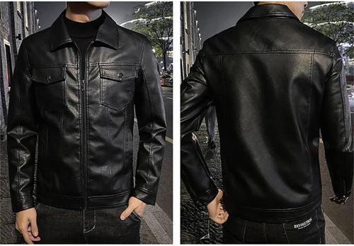 Men's Lapel With Double Pocket Lather Jacket Zipper Slim Coat Casual Loose Coat