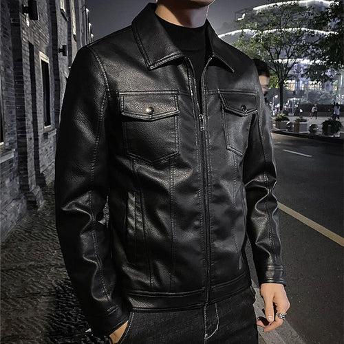 Men's Lapel With Double Pocket Lather Jacket Zipper Slim Coat Casual Loose Coat