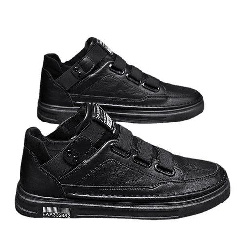 autumn and winter new mid-top black leather shoes men's trendy shoes casual non-lace-up skate shoes men's one piece dropshipping