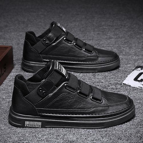 autumn and winter new mid-top black leather shoes men's trendy shoes casual non-lace-up skate shoes men's one piece dropshipping