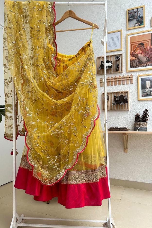 Yellow Floral Lehenga with Heavy Hand-work Net Dupatta (PL-1550)