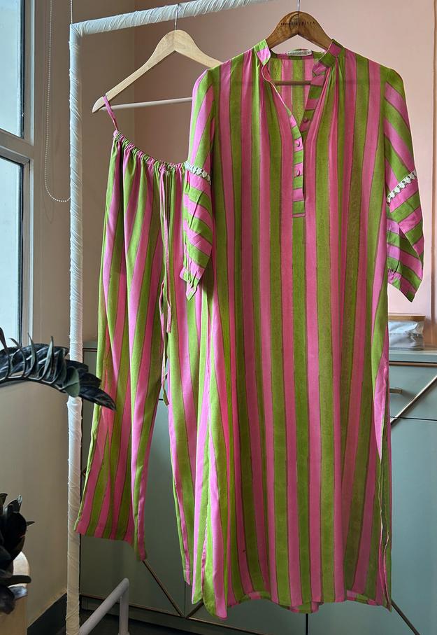 Green Pink Striped Tunic Se t(Set of Two)