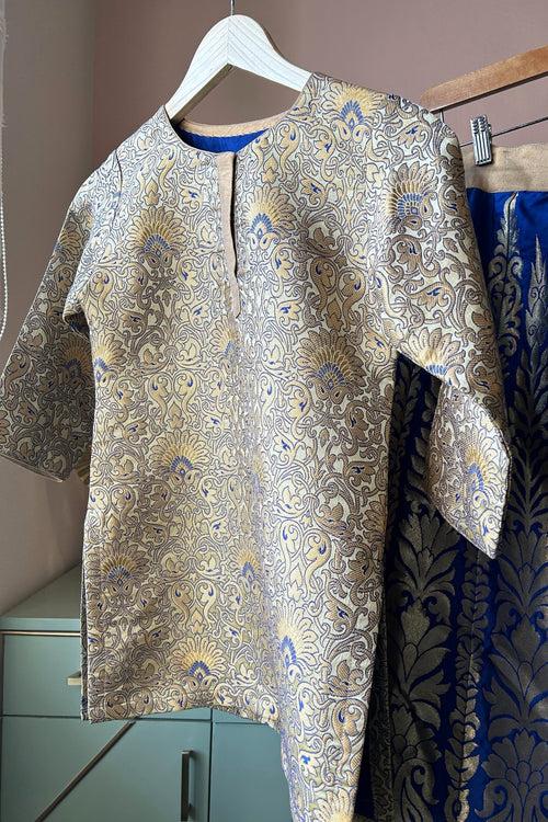 Golden Banarsi Top with Navy Banarasi Skirt (Set of Two) (PL-141)