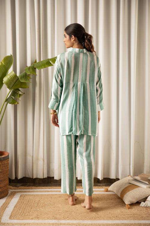 Aqua Blue Striped Muslin Co-ord Set (Set of Two)