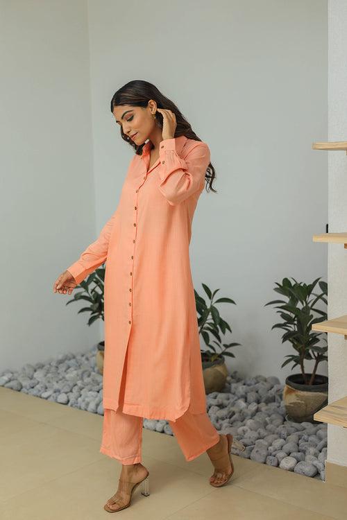 Peach Solid Cotton Co-ord Set (Set of Two)